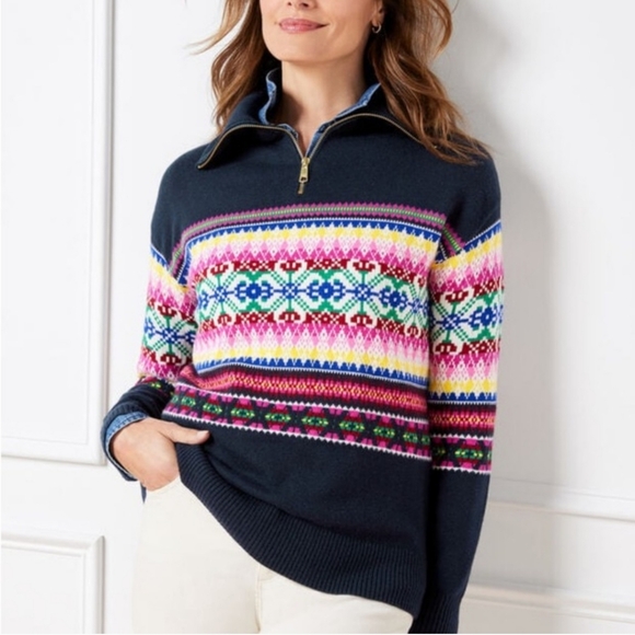Talbots Half-Zip Mockneck Sweater - Stripe Fair Isle size Large petite - Picture 11 of 13